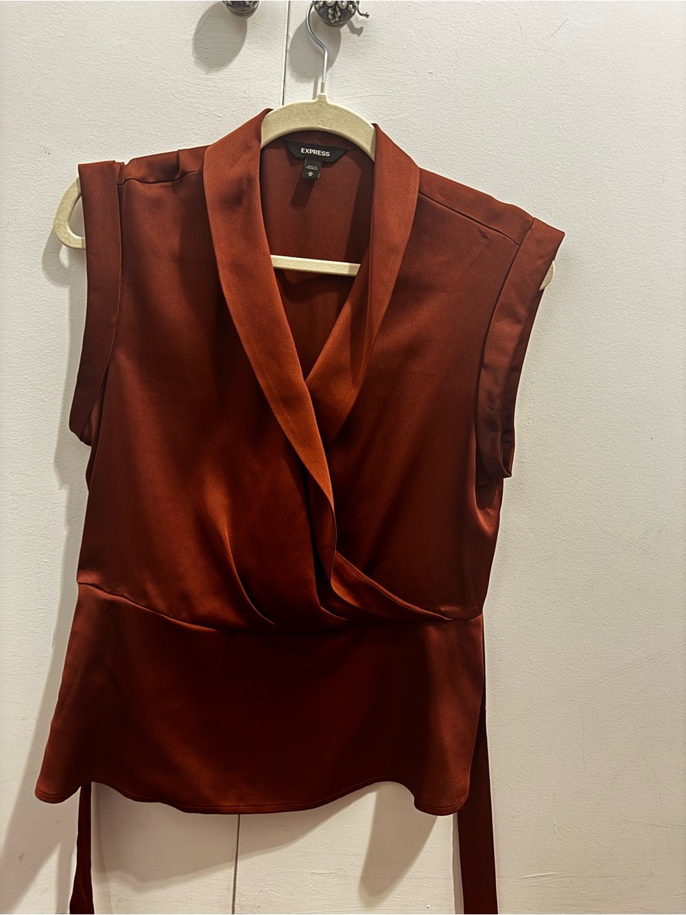 Express Satin Draped Sleeveless Wrap Top - Rusty Brown